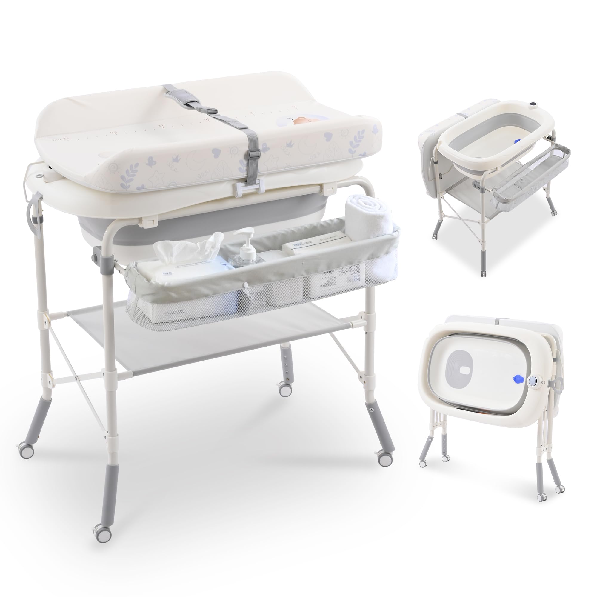 Baby Bathtub with Changing Table Foldable Baby Bathtub with Stand Changing Pad Storage Basket Portable Diaper Changing Station