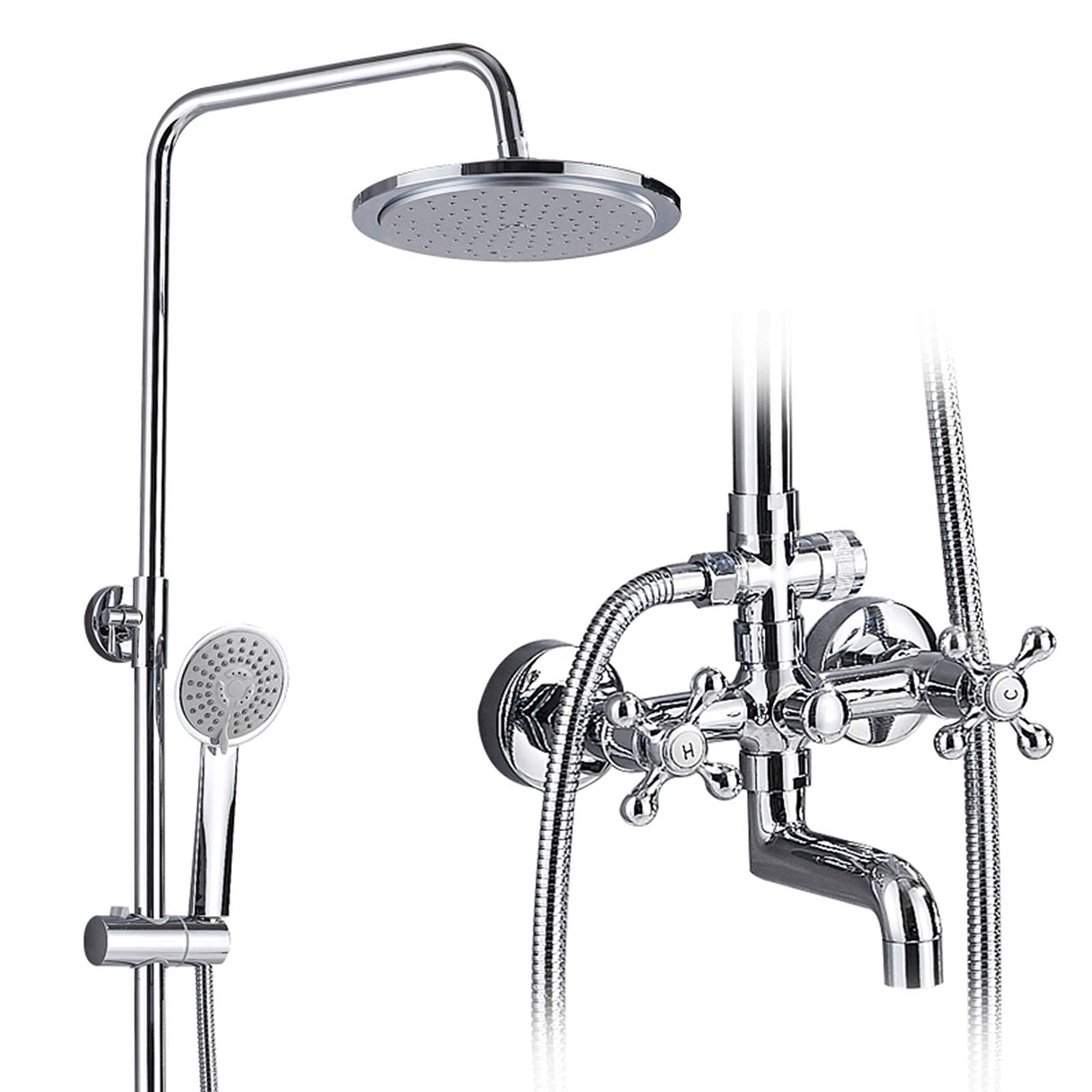 Robinetterie murale douche chrome brillant avec mitigeur rétro en croix
