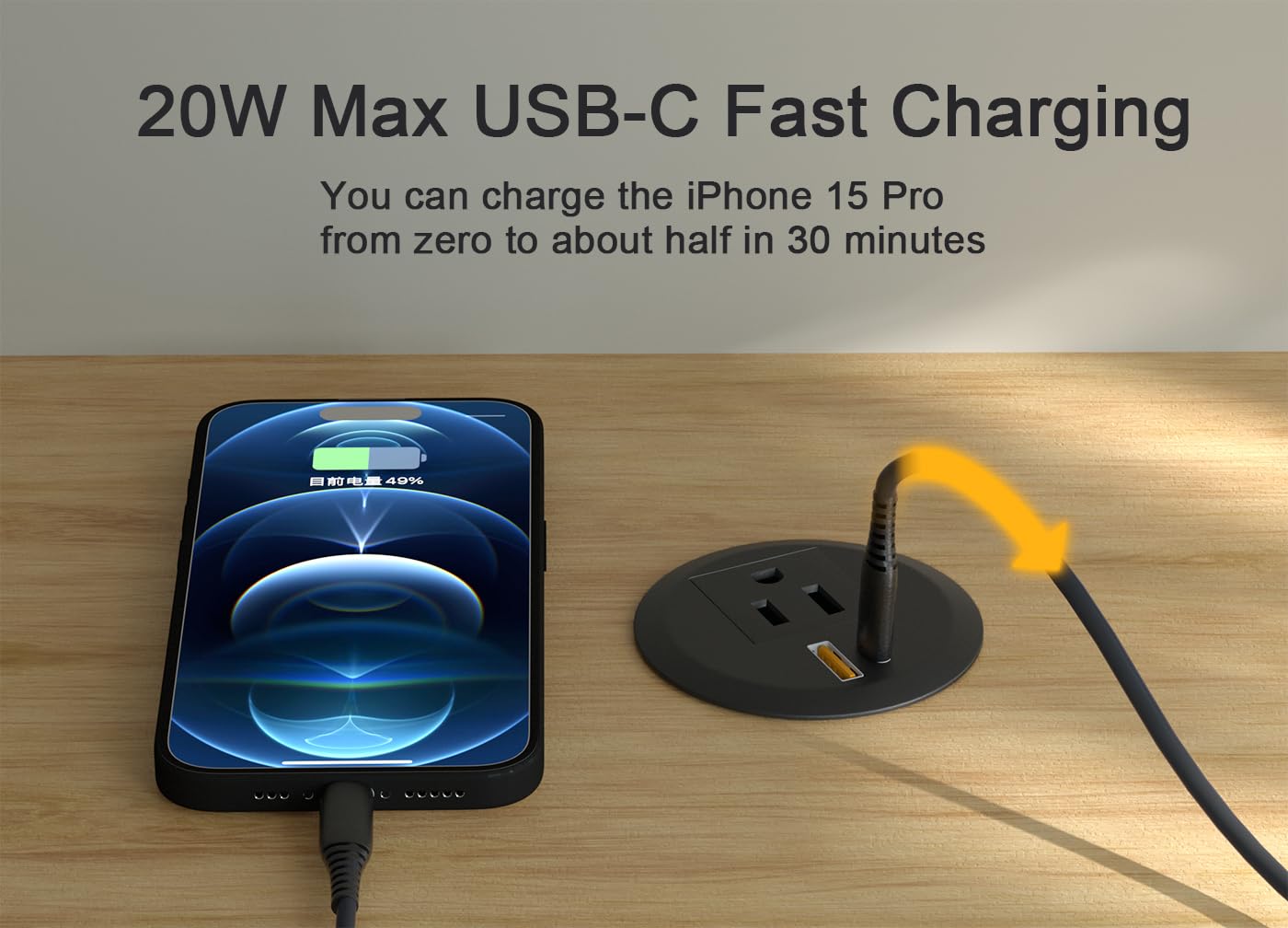 2 małe oczka do zasilania biurkowego, stacja szybkiego ładowania USB C 20 W, port USB, zasilacz biurkowy, montaż podtynkowy, okrągłe gniazdo