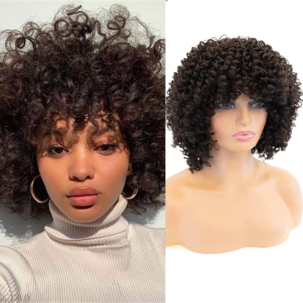 Yamzig Short Curly Afro Wigs for Black Women Dark Brown Afro Kinky Wigs