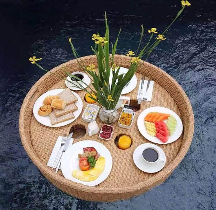 Rattan Woven Serving Tray,Multifunction Floating Breakfast Tray, Swimming Pool Floating Tray Table, Water Surface Floating Disc, for Pool Serving Drinks, Brunch, Food On The Wate,A