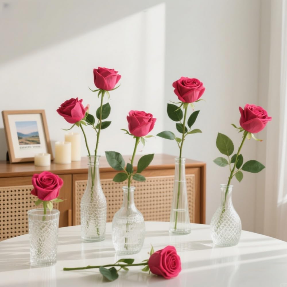 10 Pcs Artificial Roses, Fuchsia Fake Roses Artificial Flowers, with Stems Fake Artificials Fuchsia Rose Silk Flowers - Image 3