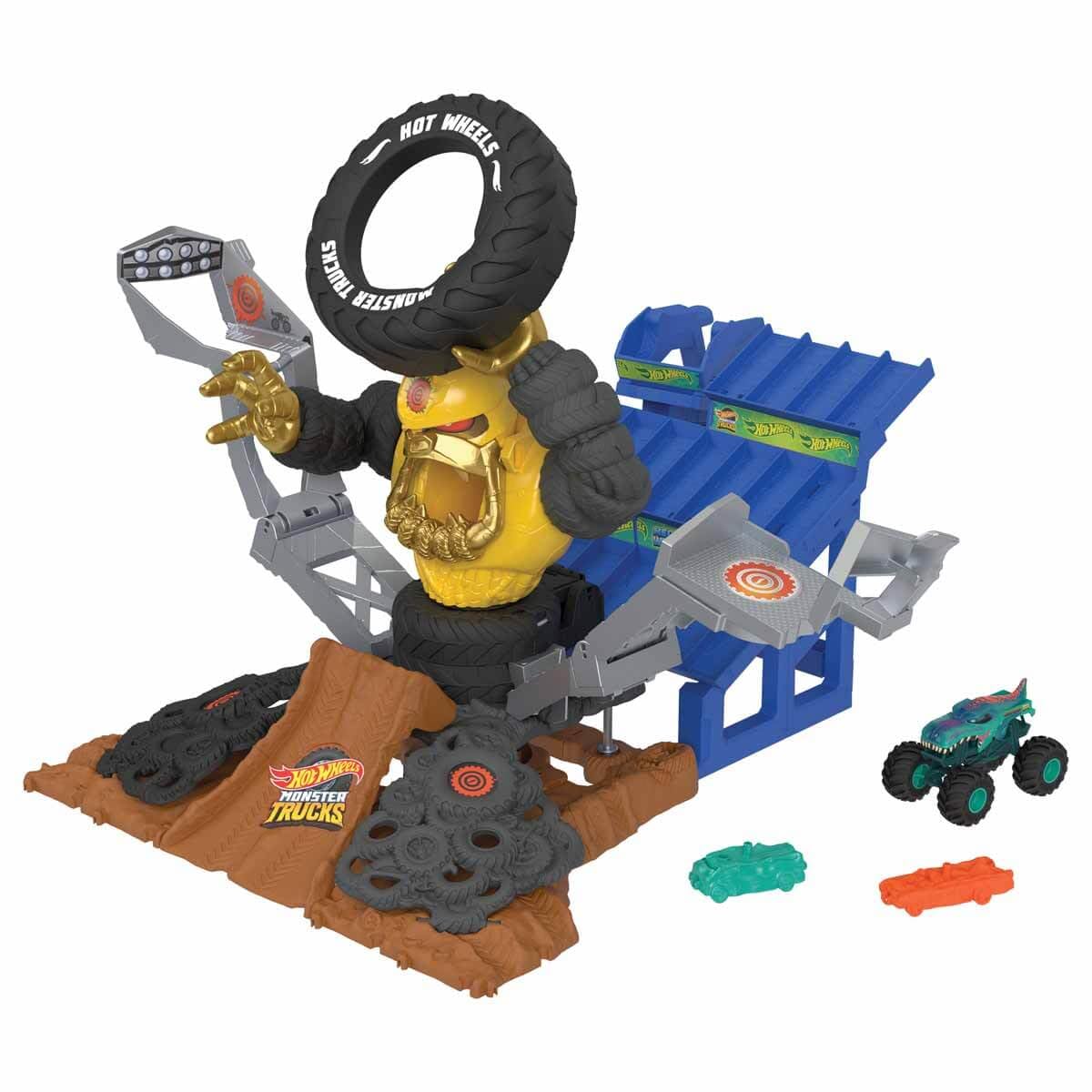 Hot Wheels Monster Trucks Arena Smashers – Arena Goryla Zestaw (Mega-Wrex w skali 1:64 vs Crushzilla, 2 samochodziki do „zmiażdżenia”), HPR47