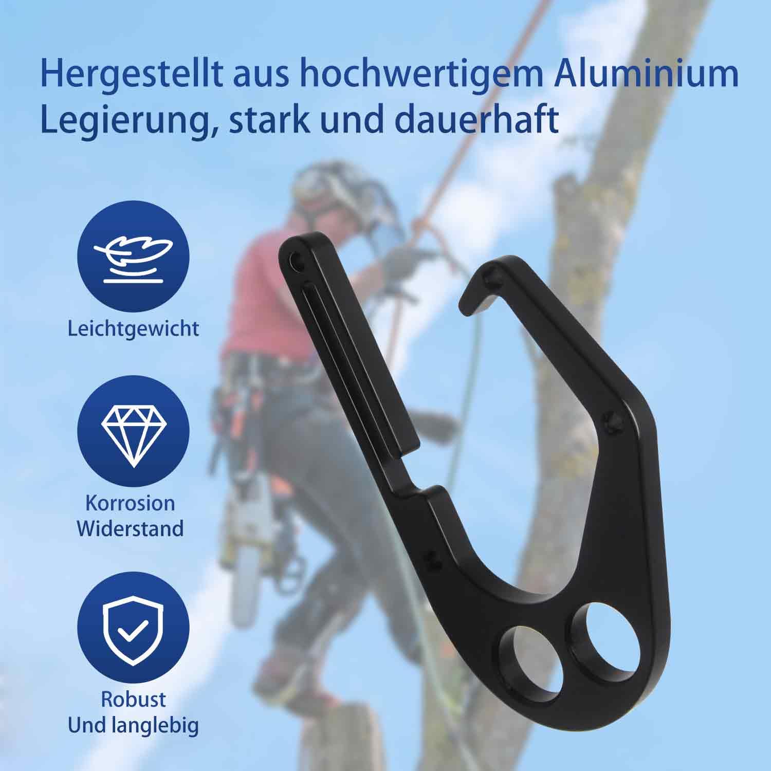 Sicherheitshaken für kettensäge und Klettergurt – Mit Einhandbedienung & offener Bauweise für zuverlässigen Halt von Kettensäge und Werkzeug