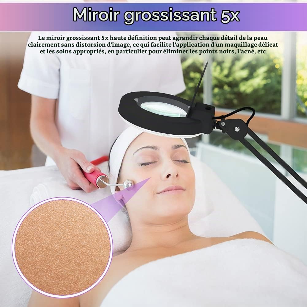 5X Lampe Loupe Grossissante LED sur Pied 220-240V Lampe Loupe Esthétique Atelier avec Bras Réglable Pivotant pour Cabinet Médicale, Salon de Beauté, Cliniques, Tatouage, Spa (Noir)