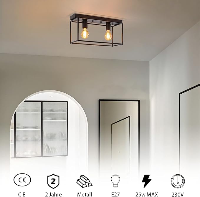 Homefire Homefire Plafondlamp E27 Plafondlamp Retro - Zwarte Industriële Hal Lamp voor Slaapkamer Woonkamer Vintage Lamp Metaal met 2 Vlammen Plafondverlichting voor Keuken max. 25W - Zonder Lamp photo 3