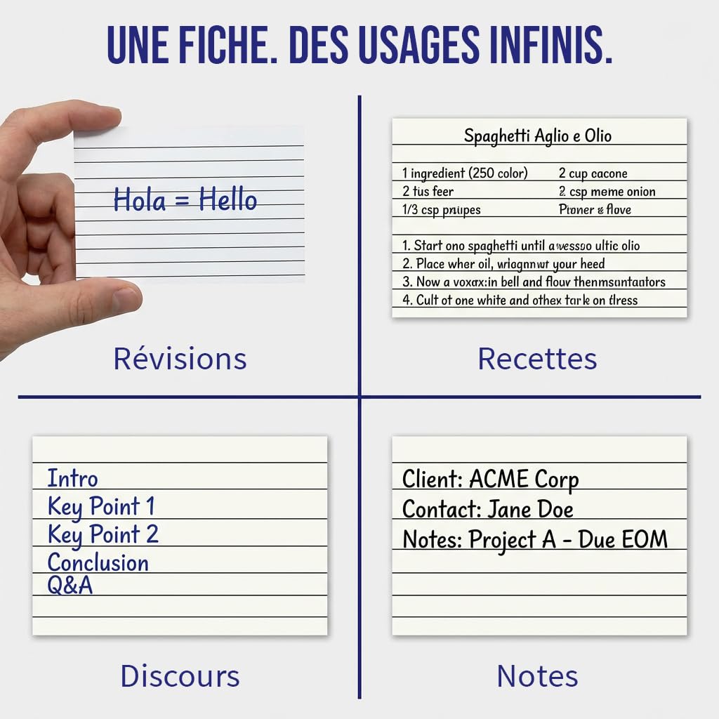 The Paper Shop Fiches Bristol A7 Lignées Blanches | 1000 Fiches de Révision 127 × 76 mm (5 × 3) | Flashcards Index Cards pour École Études Apprentissage Organisation Notes