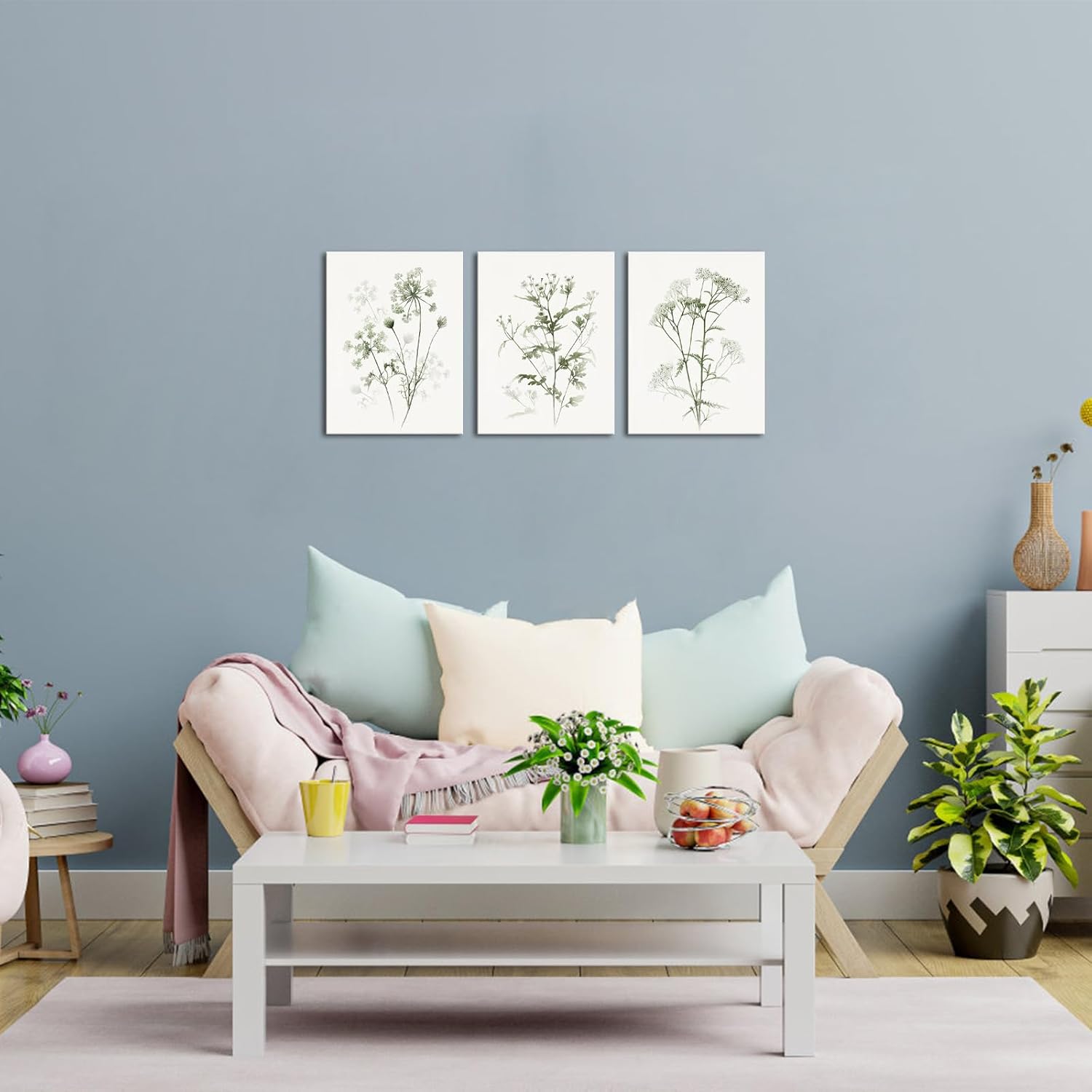 LoveHouse Sage Green Canvas Wall Art Wildflower Canvas Prints Green Botanical Paintings Boho Plant Pictures Framed Farmhouse Bathroom Wall Decor