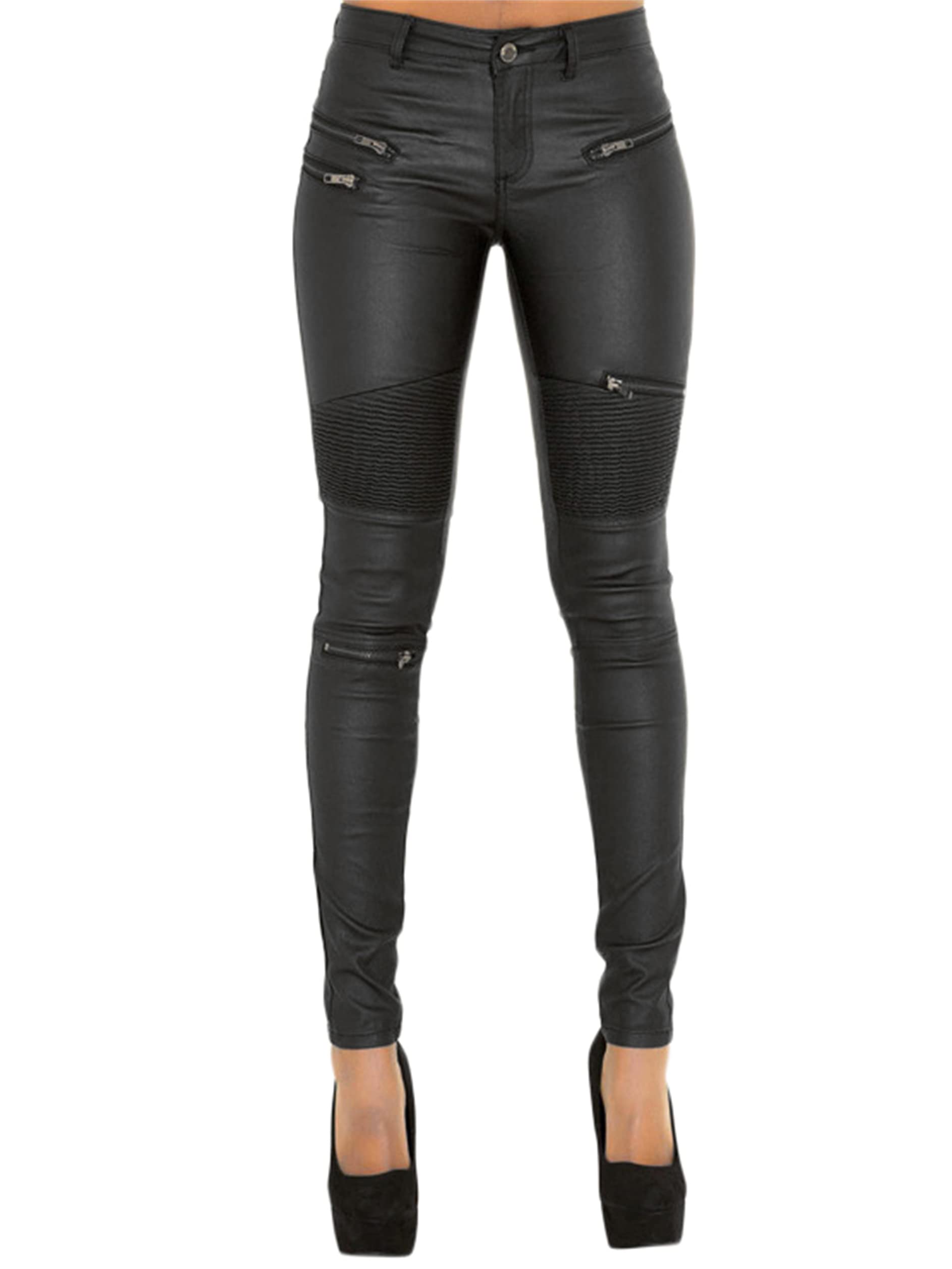 Generisch JIER Damen Lederhose Sexy Skinny Bikerhose PU Leder Look mit Reißverschluss Biker Pants Leggings Große Größe Jeanshose Denim Bleistift Hose Jeanshose
