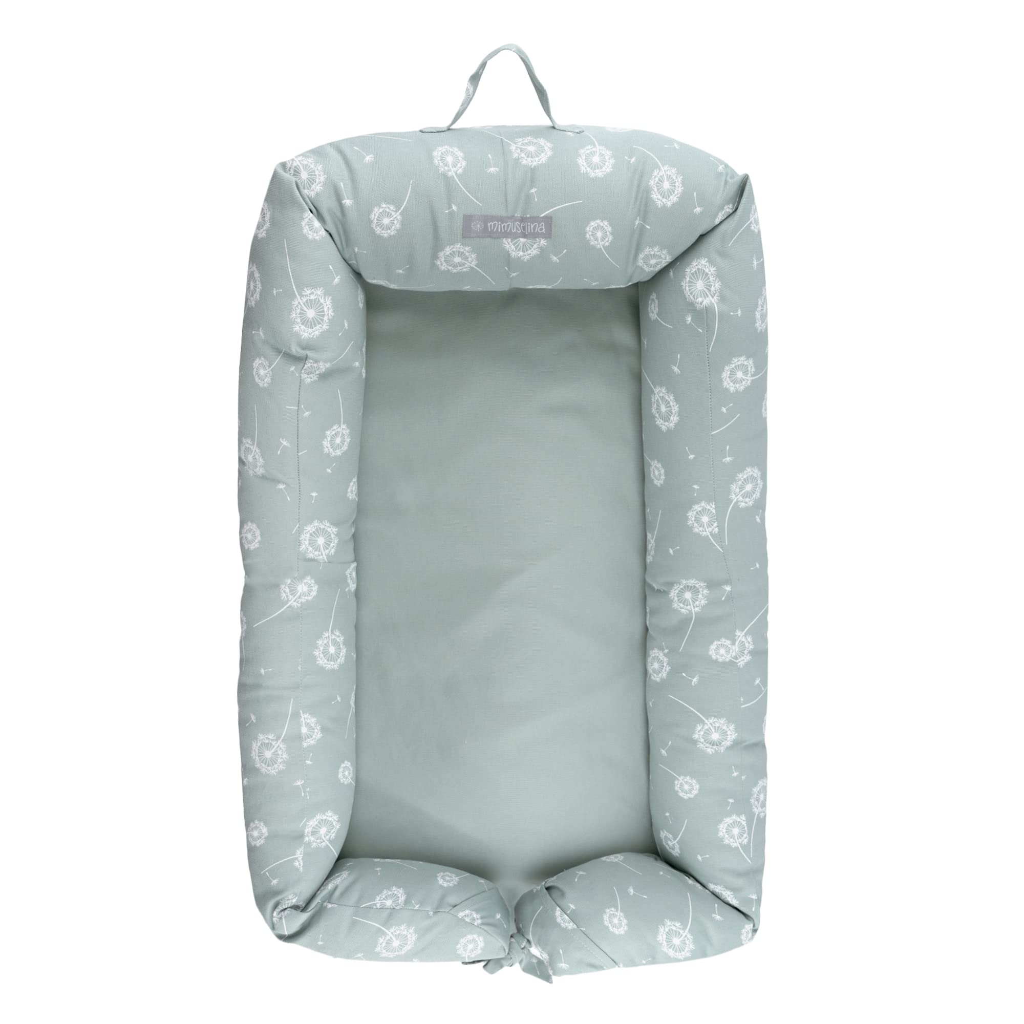 MIMUSELINA | Cuco Nest Reductor de Cuna Bebe - Cama Nido Bebe Recien Nacido Desenfundable y Impermeable - Cuna Nido Portátil Colecho, Chichonera, Cojín de Lactancia, 85x52 cm (Diente León Menta)