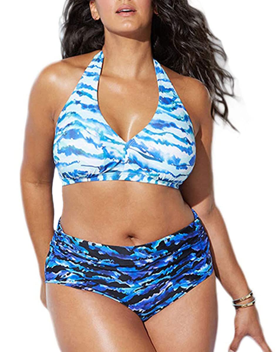 CheChury Mujeres Bañadores de Tallas Grandes Estampado Floral Cintura Alta Sexy Cabestro Traje de Baño Bikini Estampado Bohemio con Adores Relleno Tops y Braguitas, para natación y Playa