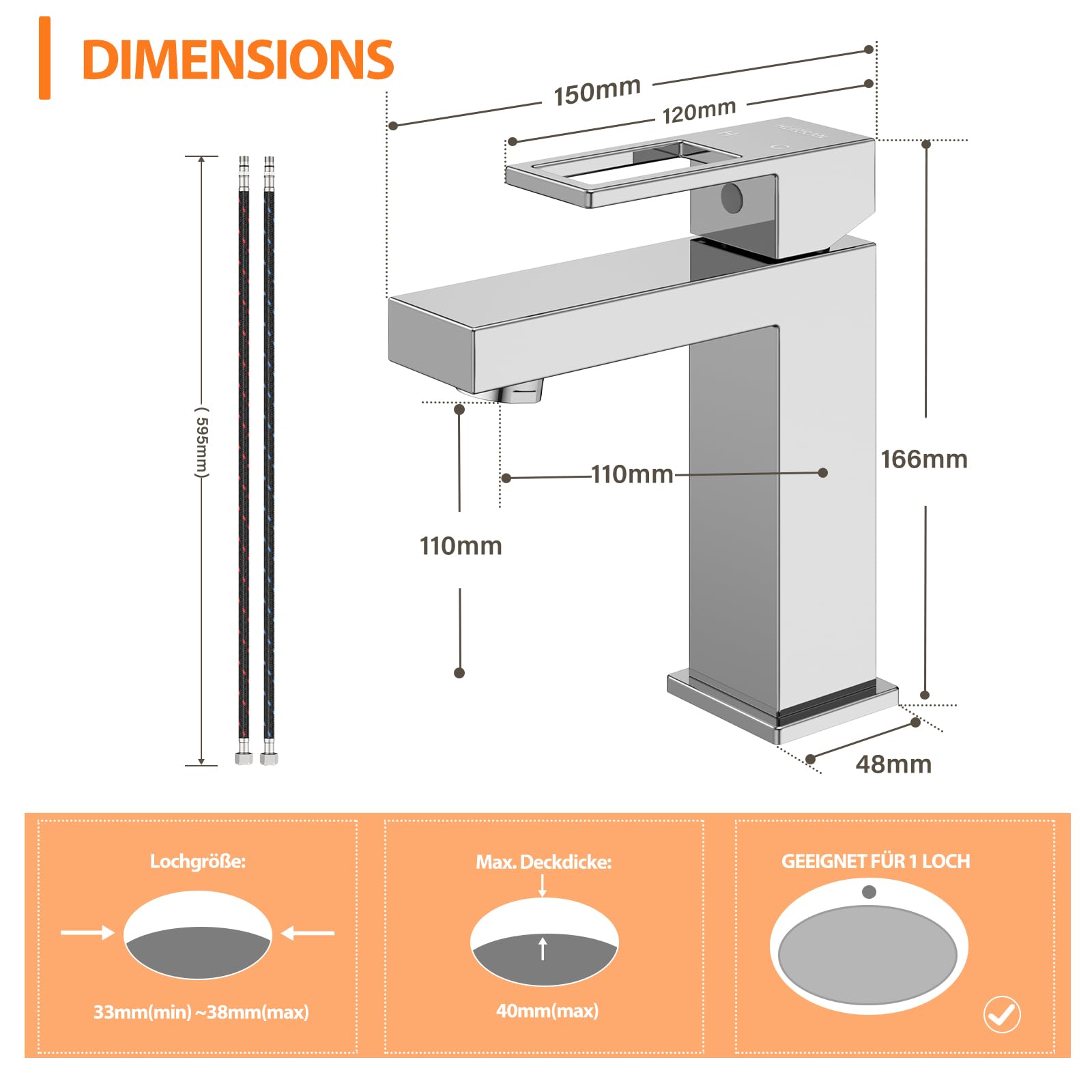 Grifo de baño monomando para lavabo, HURRAN grifo de baño cromado, grifo mezclador de agua caliente/fría, grifos de lavabo, fácil montaje para autocaravanas inodoros lavabos
