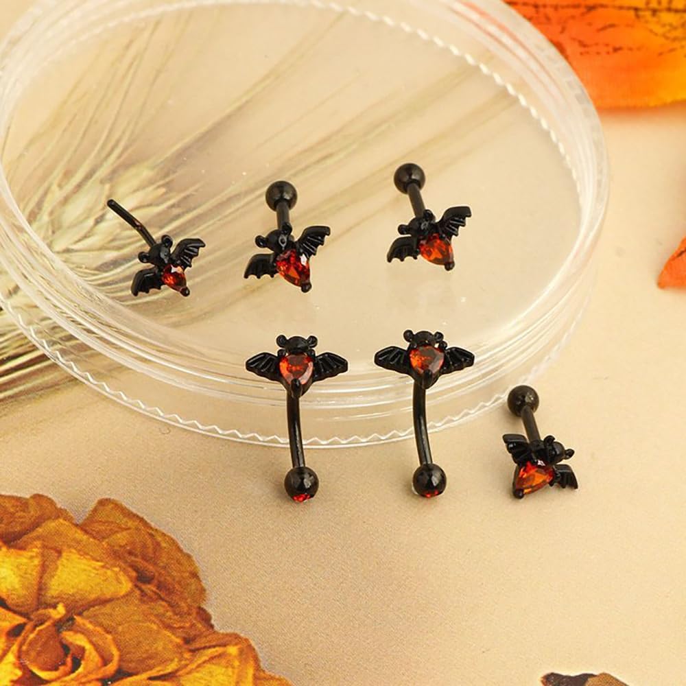 16G Black Bat Eyebrow Ring for Women Men Stainless Steel Red CZ Bats Eyebrow Studs Barbell Rook Helix Cartilage Earrings Halloween Body Piercing Jewelry - Image 4