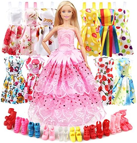 Eligara Doll Clothes and Accessories, Baby Doll Clothes Dresses Shoes Sets Include 10 Pack Doll Party Outfits 1 Sewing Dress & 10 Pairs Doll Shoes for Girl's Birthday