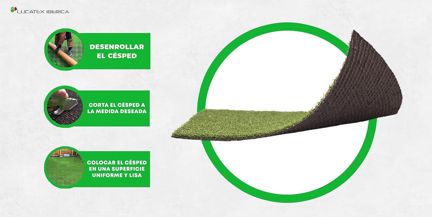 LUCATEX - Cesped artificial 1x5 metros 7mm BOGEY - calidad profesional - cesped artificial piscinas desmontables - rollo cesped artificial terraza - fácil instalación - moqueta rizada