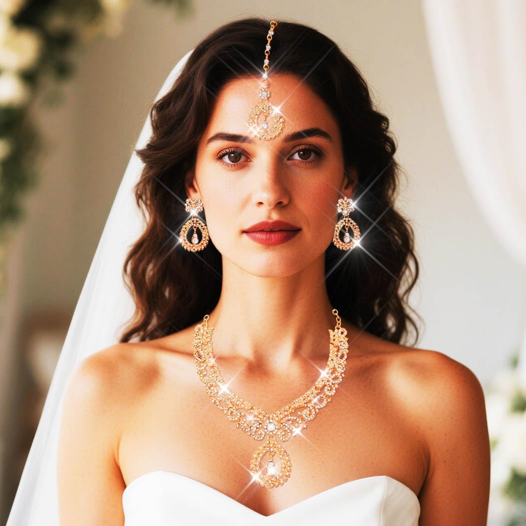 Unicra Rhinestone Gold Indian Jewelry Sets Wedding Bollywood Necklace Earrings Set Formal Prom Costume Jewelry Set for Women and Brides - Image 6