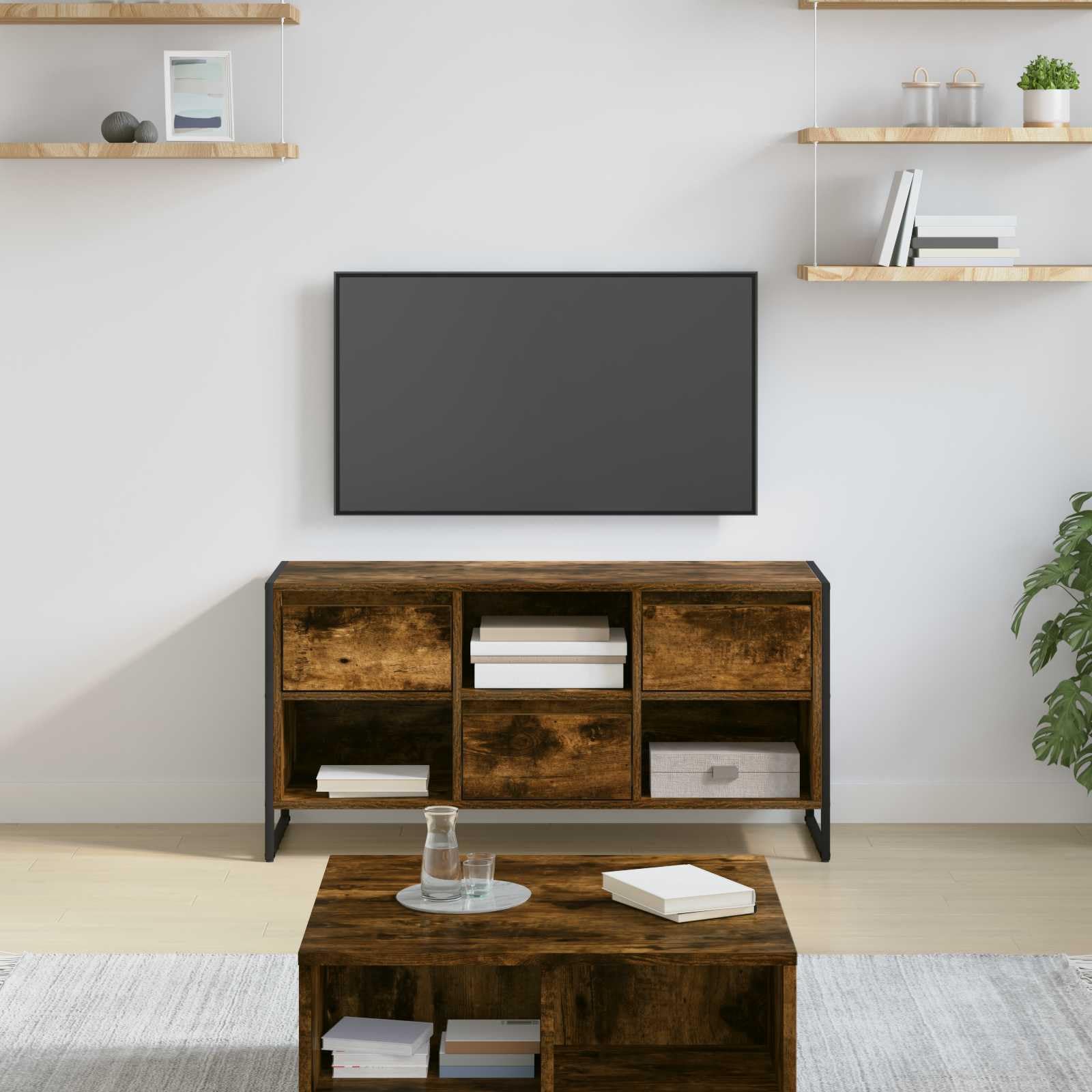 Meuble TV industriel Chêne Fumé 100cm avec Tiroir et Étagères