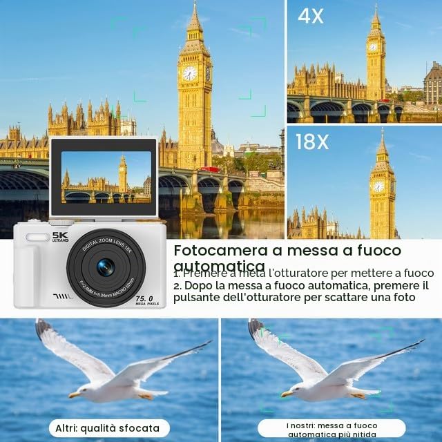 LAMA Fotocamera digitale, mini fotocamere digitali, 5 K, 75 MP, con scheda SD da 64 G, fotocamera compatta da 3,0 pollici, 180°, zoom digitale, fotocamera fotografica per bambini, adolescenti