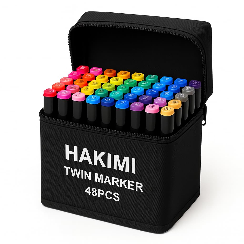 HAKIMI Alcohol Markers 48 Colours Dual Tip Colouring Pens for Adults, Anime & Calligraphy Art – Felt Tip Pens with Case – Ideal for Colouring Book, Scrapbooking, Manga & Stationery Set