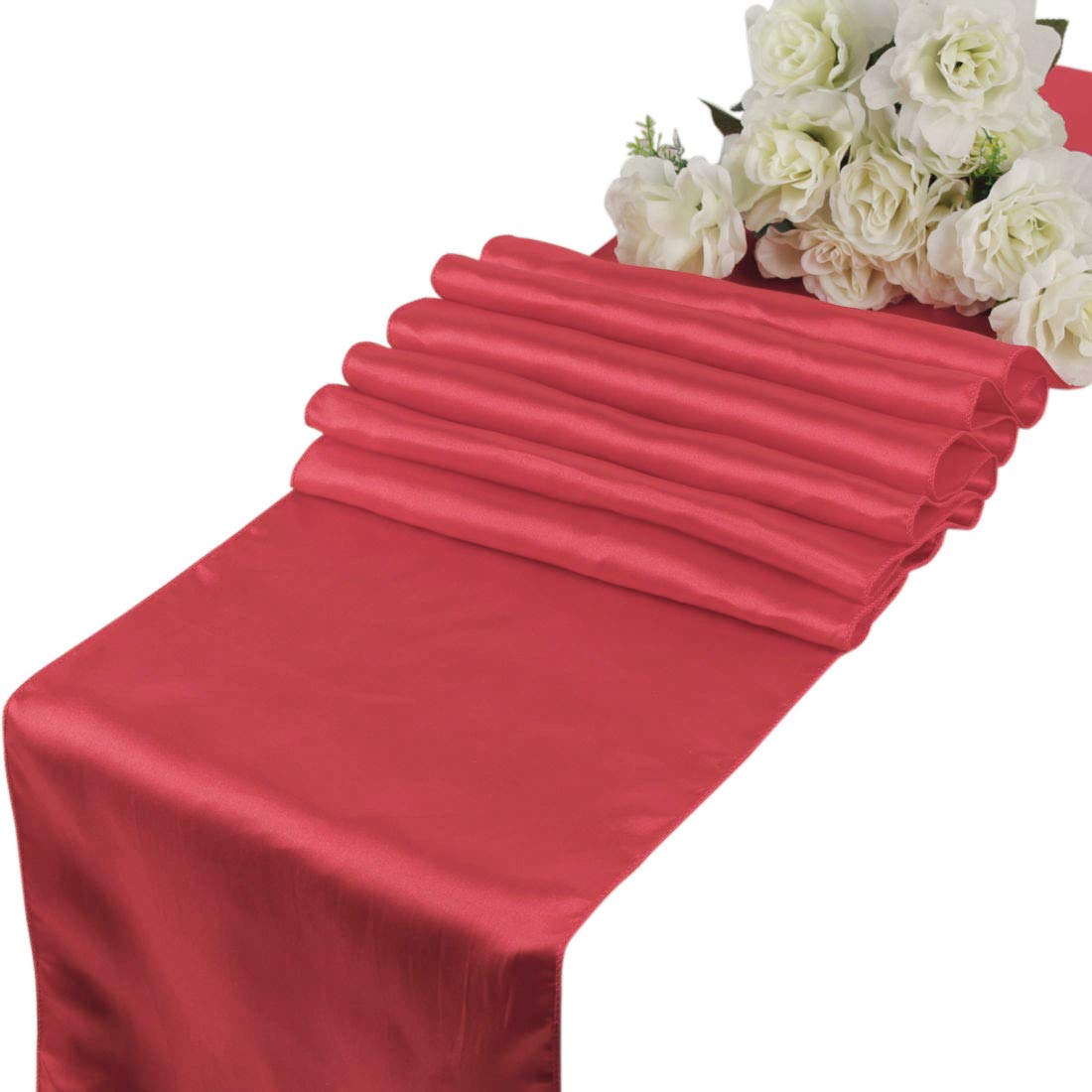eDecor Pack of 12 Satin Table Runners for Wedding Party Event Banquet Dinning Table Decoration 12 X 108 Inch - Coral