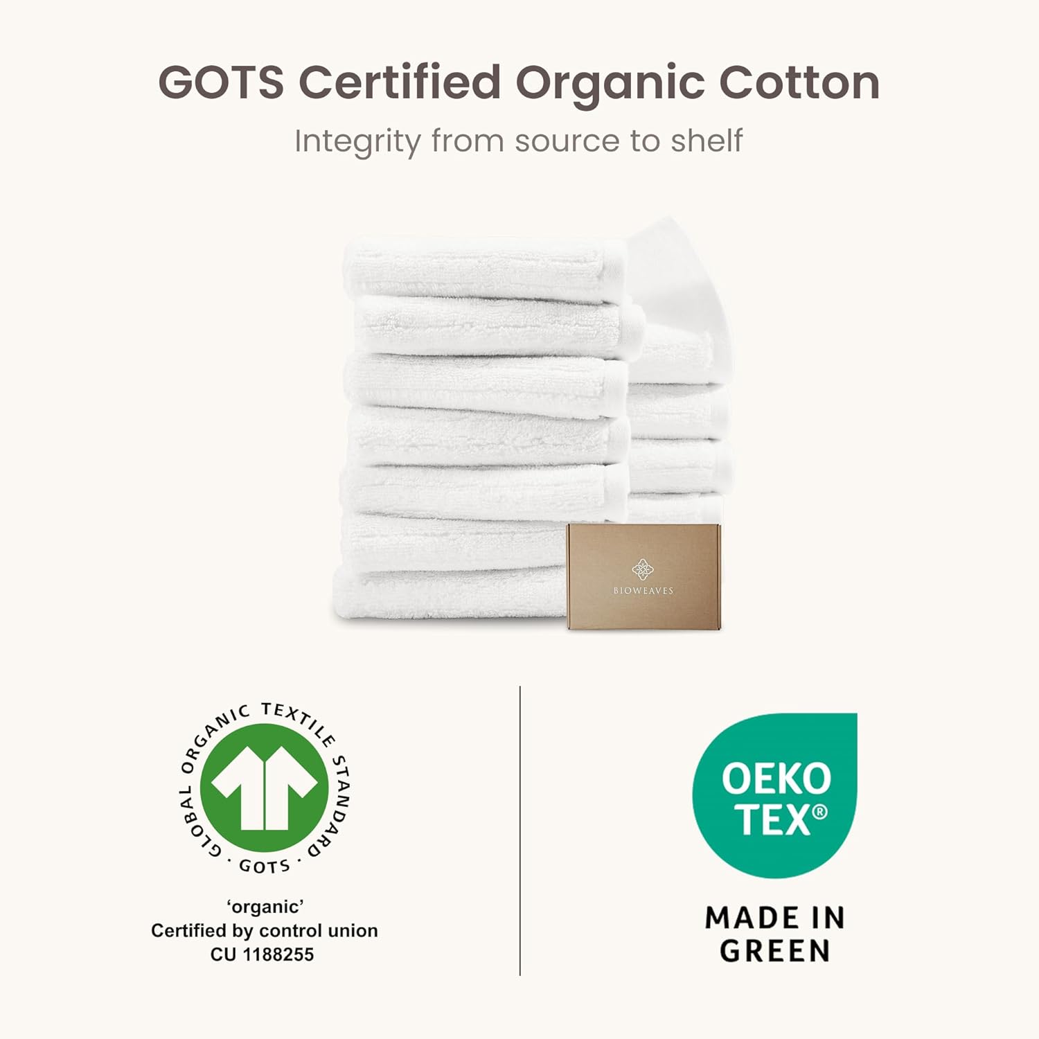 BIOWEAVES 100% Organic Cotton 700 GSM Luxury Ribbed Washcloth GOTS Certified 13" x 13" Face Towel - White, Pack of 12