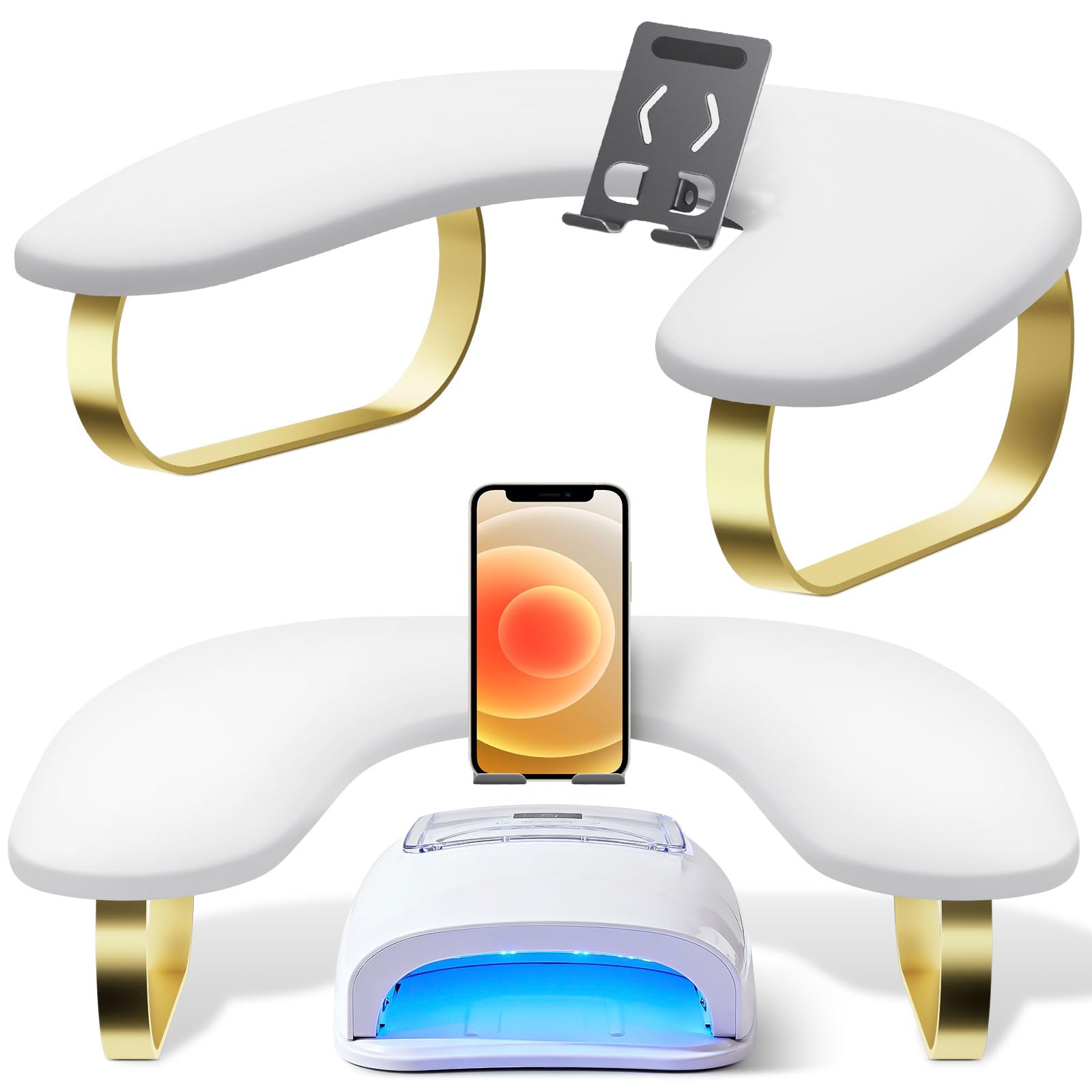 Bracciolo per unghie con supporto rotante per telefono, bracciolo per unghie Tech, in pelle PU, poggia mano a forma di U per tecnologia delle unghie, poggiamani per manicure per piedi, bianco