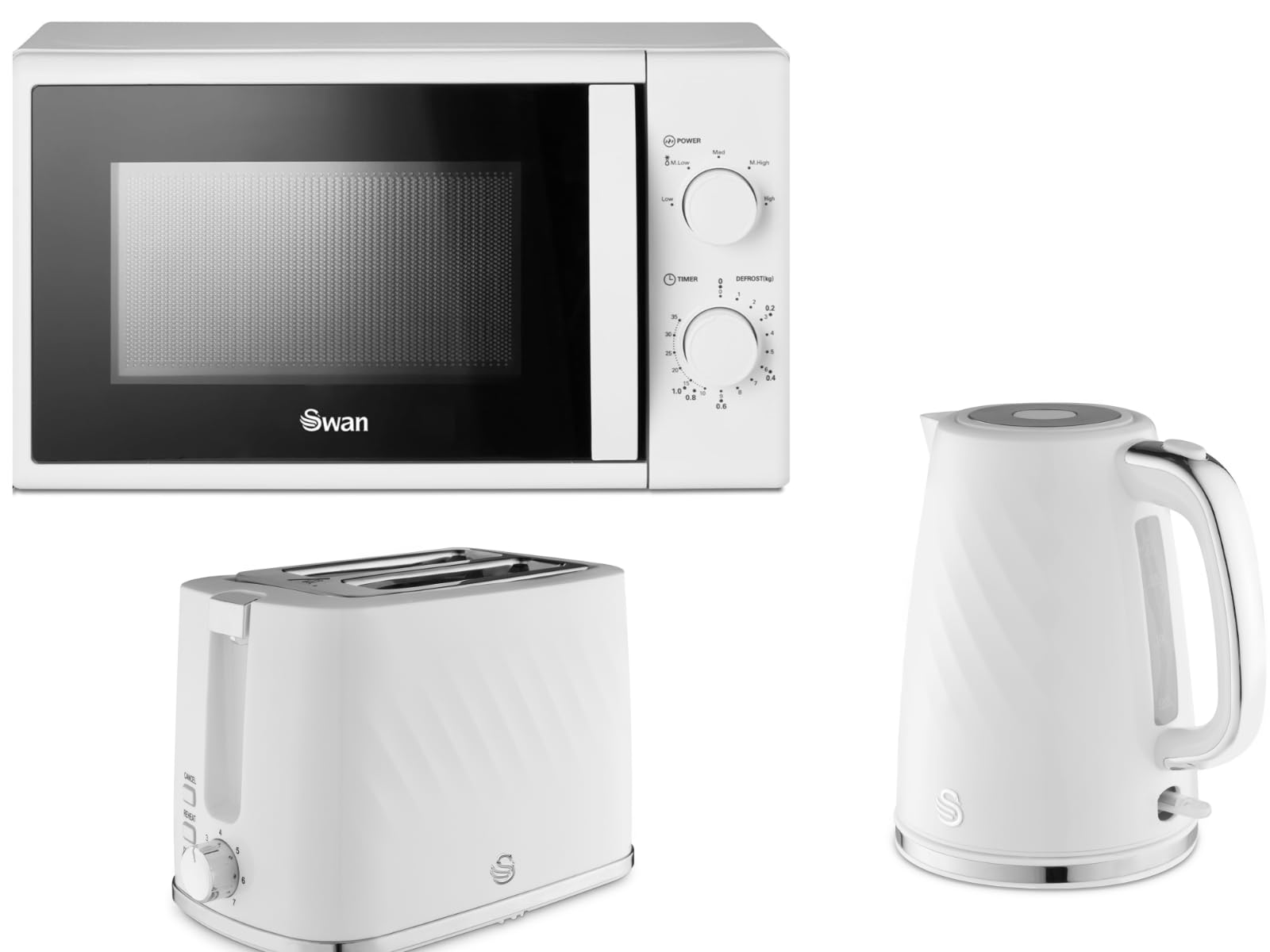Swan White Windsor 1.7L 3Kw Kettle, 2 Slice Toaster And 700W 20L Microwave Sm4420wht. Contemporary Matching Kitchen Set With A Premium Sleek Finish