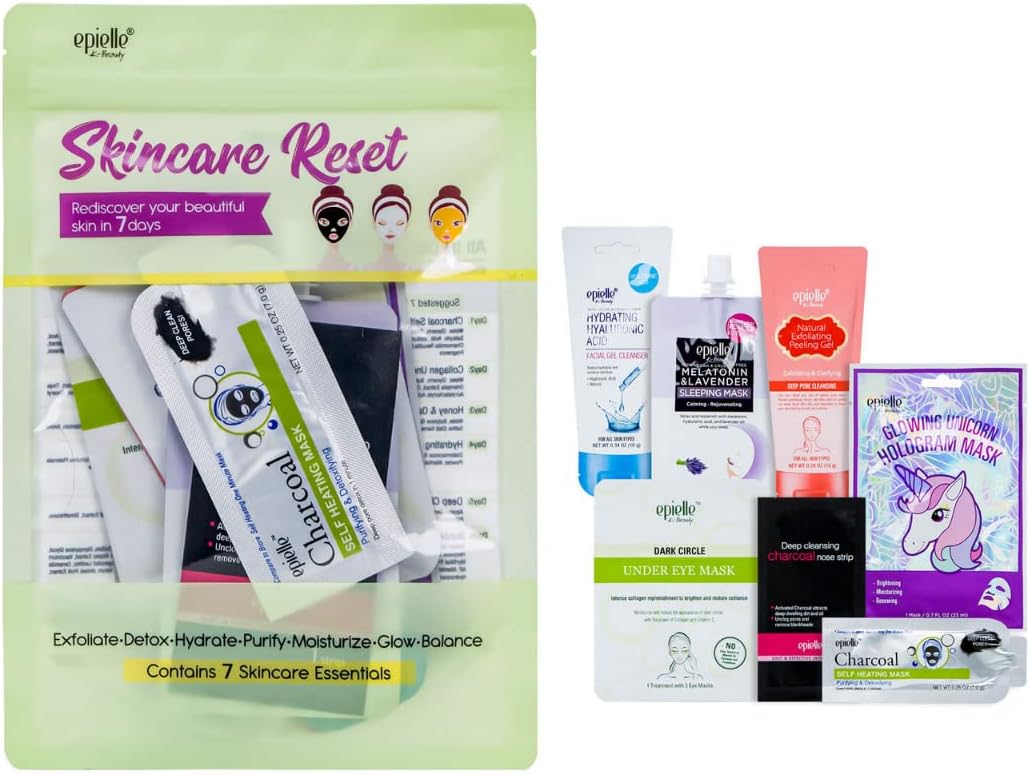 Epielle Skincare Reset Kit, 7 Home Spa Essentials, Exfoliating, Detoxifying, Hydrating & Purifying for Radiant Skin, At-Home Spa Kit, Self Care Gifts for Women, Korean Skin Care Set