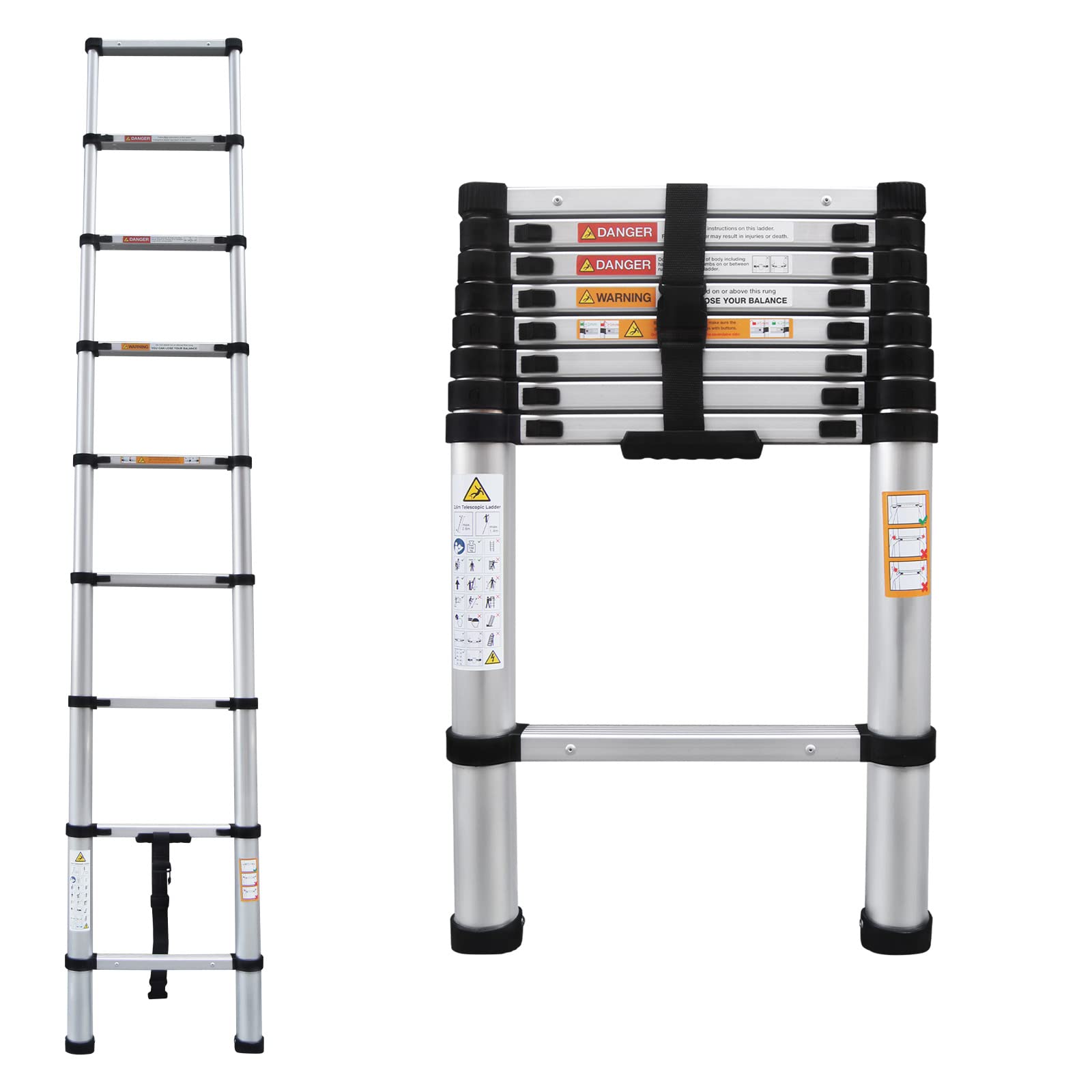 Scala Telescopica In Acciaio Inox 1.9+1.9m - Pieghevole, Antiscivolo, Portata 150 Kg EN131, Per Interni Ed Esterni