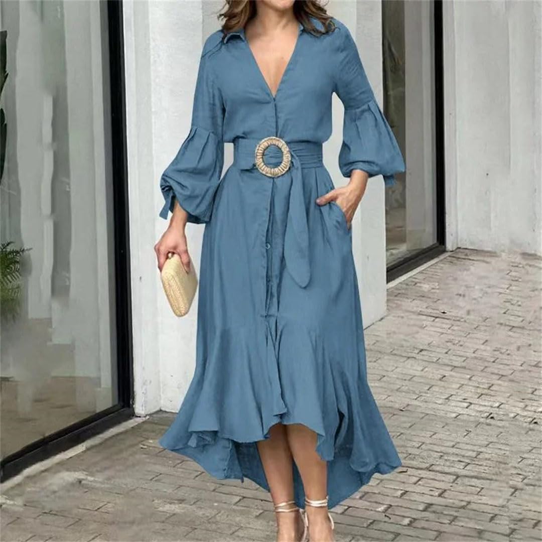 Vestido Camisero De Manga Larga con Cuello En V para Mujer