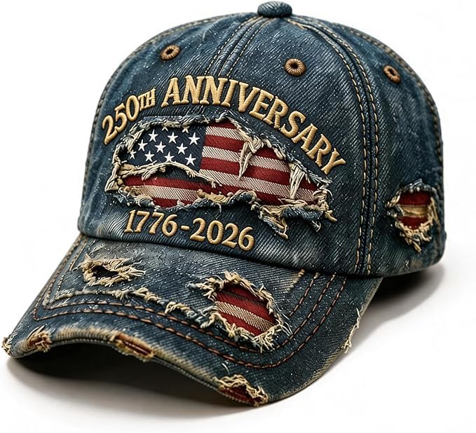 ZHDJDKSN 250 Anniversary USA Hat 250 Year American Anniversary Hats 250th Merchandise Adjustable Embroidered Ripped Denim Baseball Cap for Men Women