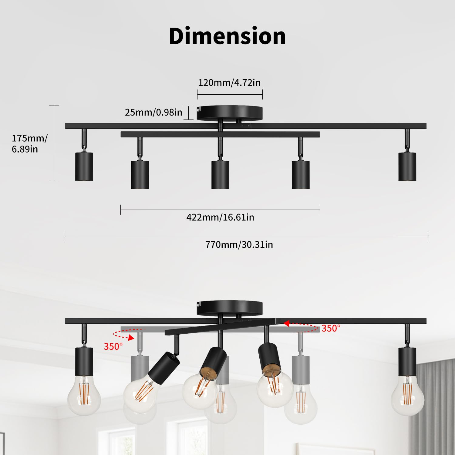 LVWIT Faretto LED Interno Nero, Lampadario Faretti con 5 Attacco E27, Faretti Soffitto Moderna, Faretti Orientabili per Barra, Salotto, Cameretta, Cucina,Corridoio Illuminazione (Senza Lampadina)