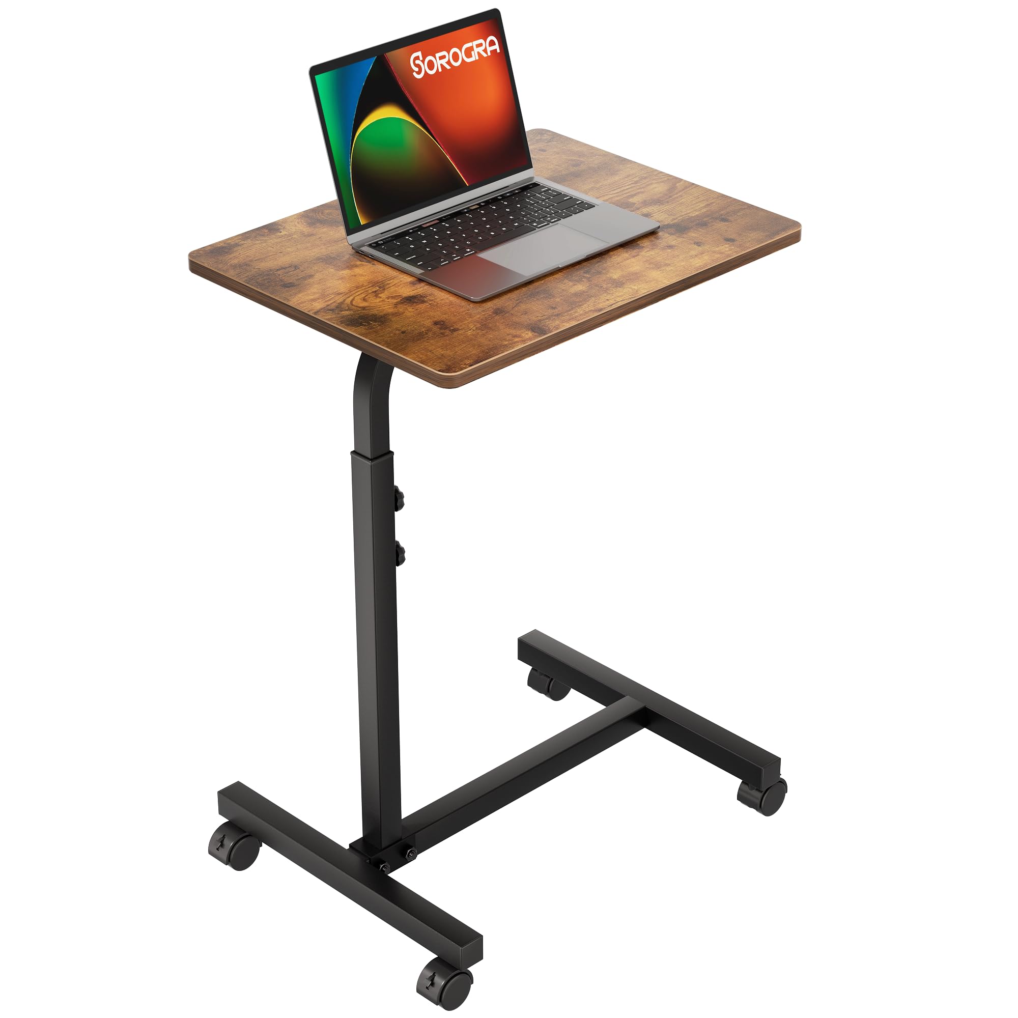 Overbed Table with Adjustable Height, Small Bedside Table with Wheels for Bed and Couch, Rolling Desk for Eating and Working, Brown