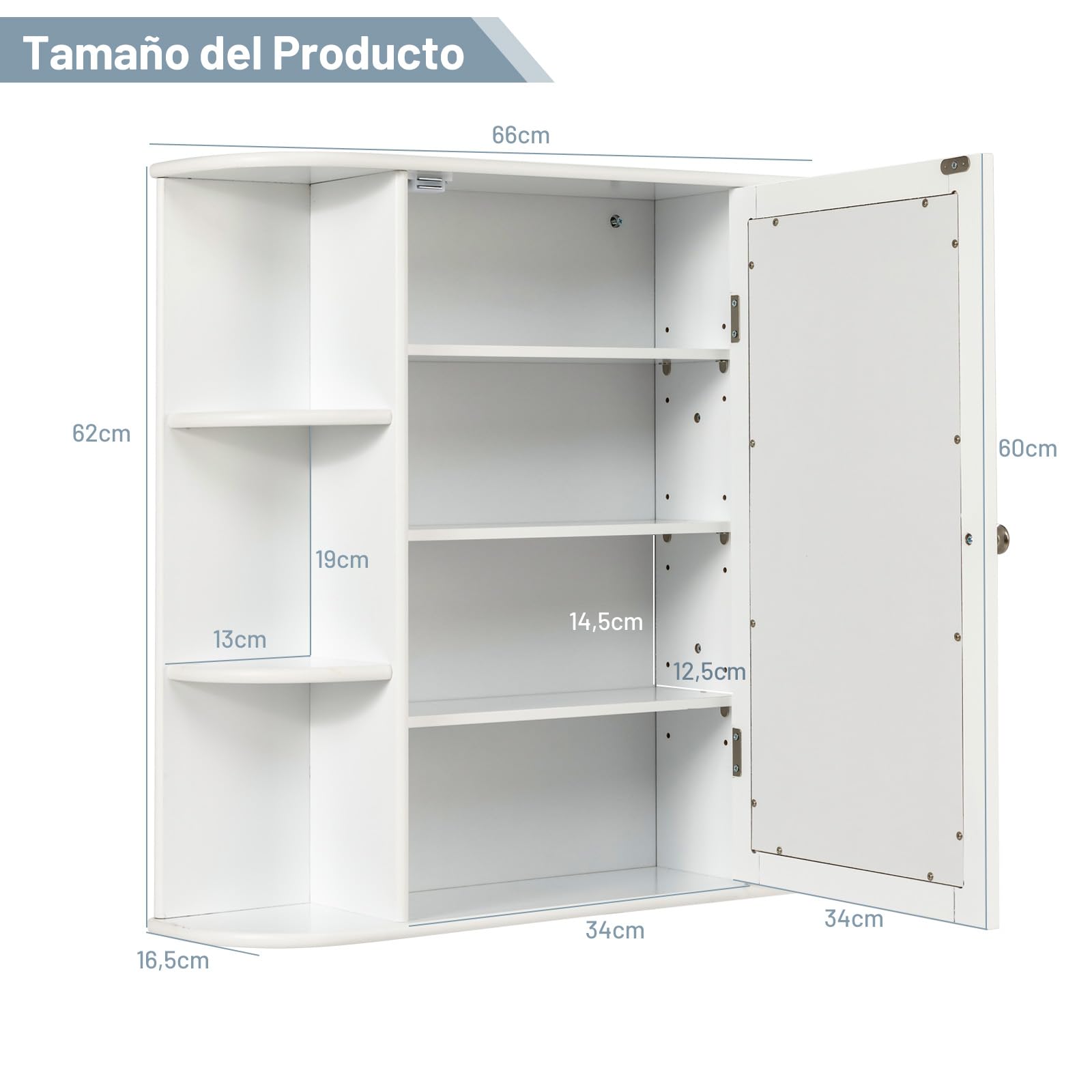 COSTWAY Armario del Baño con Espejo, Armario Montado a la Pared, Armario de Madera Colgado con Repisas Regulables y Compartimientos Abiertos, Botiquín Multiuso para Baño Salón Cocina (Blanco)