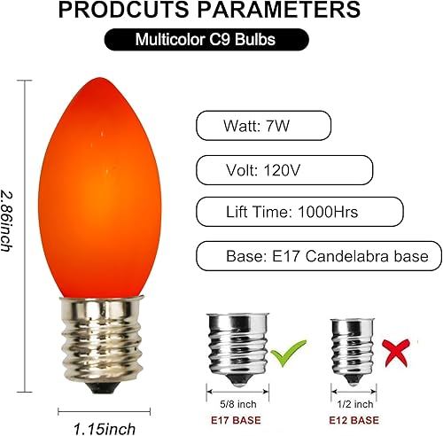Miniatura 2 de Bokoiuu Paquete de 25 bombillas de cerámica multicolor C9, bombillas de repuesto de Navidad de 7 W, bombilla incandescente de cerámica con base E17