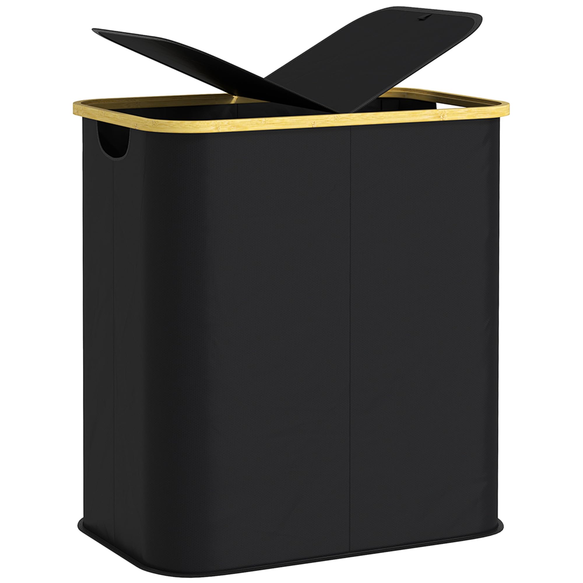 HOMCOM Double Laundry Basket with Lid, 80L Collapsible Laundry Hamper, Washing Basket with Groove Handles for Bathroom, Bedroom, Laundry Room, Black