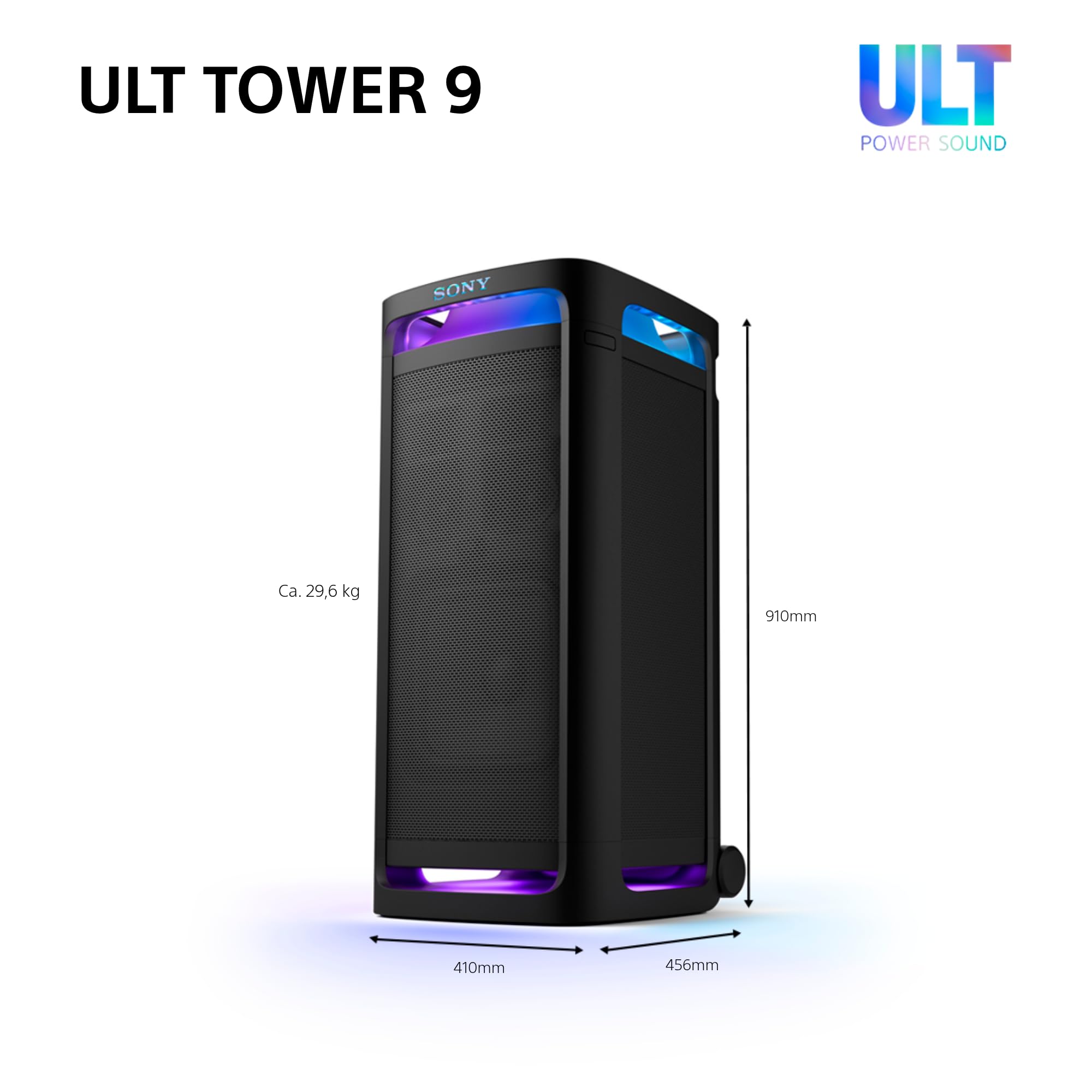 Sony ULT Tower 9 - Ultimativer Bluetooth-Party-Lautsprecher, 25 Stunden Batterie- und Netzbetrieb, 2 ULT Power Sound Modi, X-Balanced Speaker, 360° Beleuchtung & Sound, Karaoke-Eingänge - Schwarz
