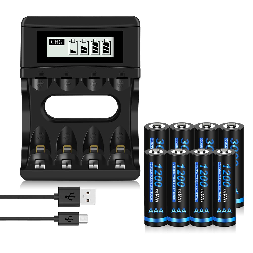 CITYORK Lot de 4 piles Li-ion rechargeables AA AAA 1,5 V 3000 mWh et 4 piles AAA 1200 mWh et chargeur de batterie