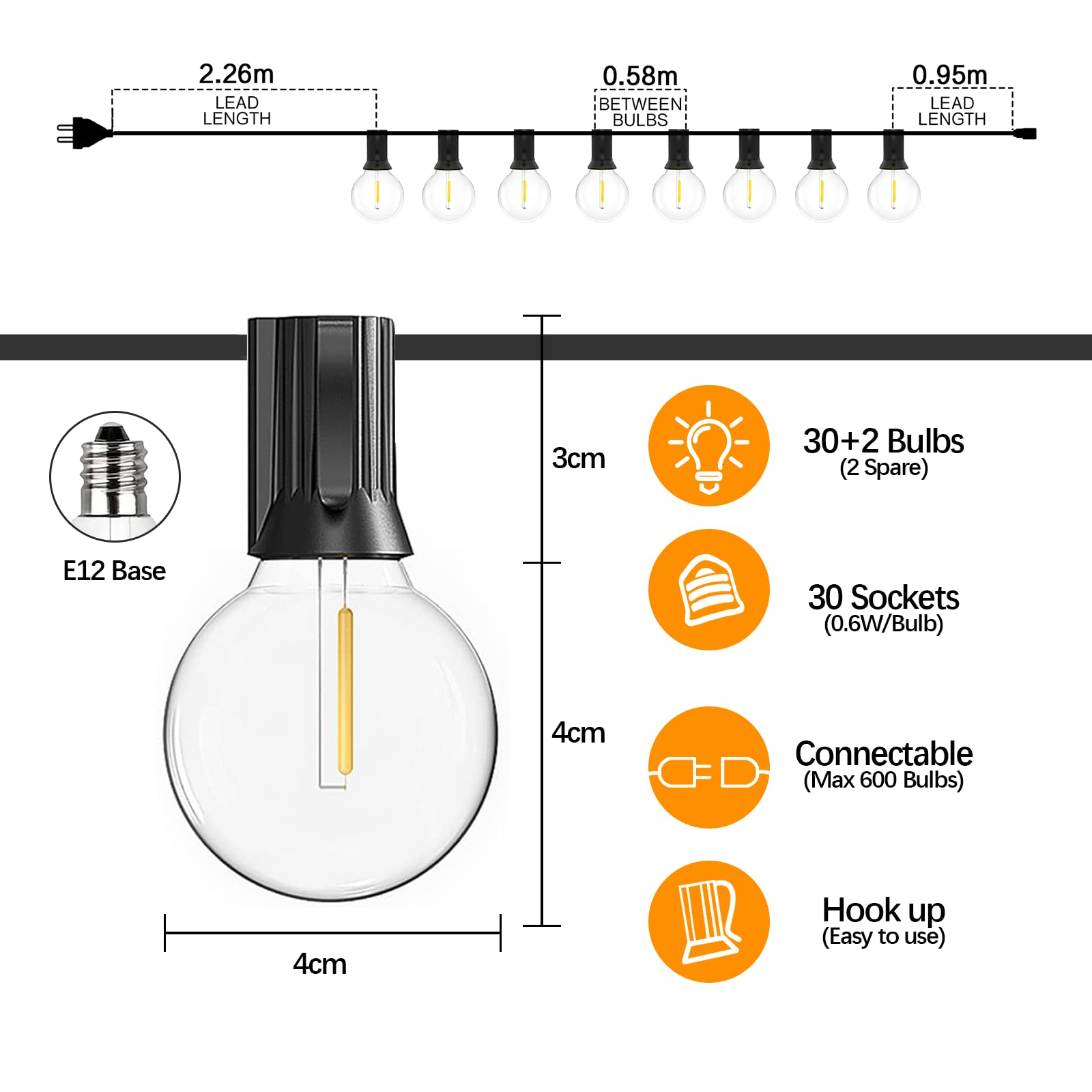 SUWIN Guirlande Guinguette Extérieur 30M, Guirlande Lumineuse Exterieure avec 50 2 G40 LED Ampoules IP45 Imperméable, Blanc Chaud Chaîne Lumiere Exterieur pour terrasse, mariage, Noël