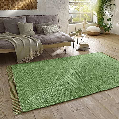 Taracarpet Handwebteppich Läufer Fleckerl Teppich Uni waschbar aus Baumwolle für Wohnzimmer und Küchenteppich 090x160 cm grün