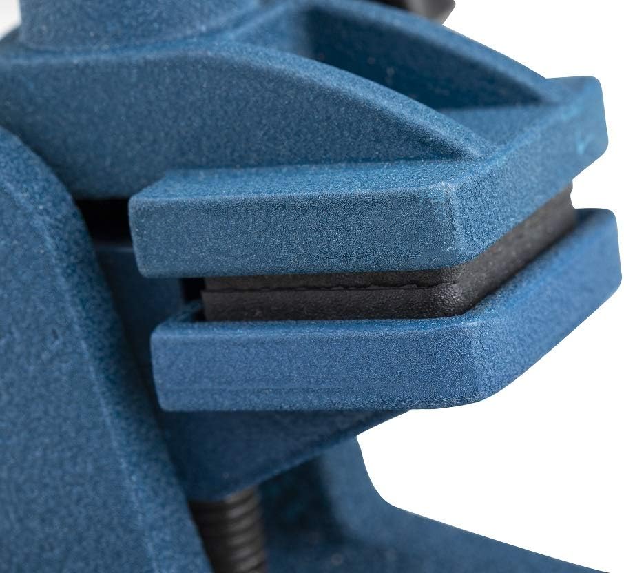 Close-up of micrometer stand clamp with rubber pads