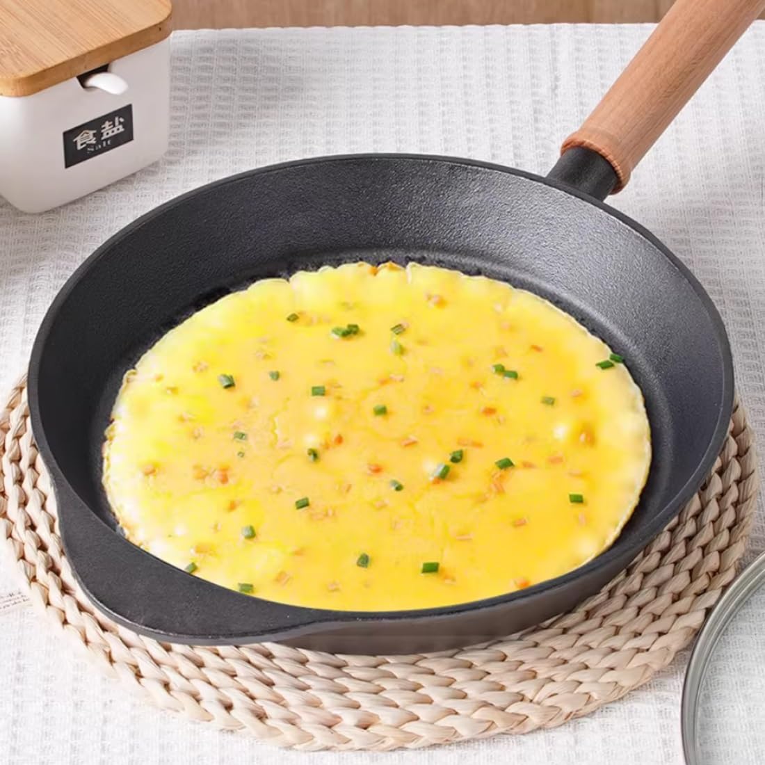 Gusseiserne Steak-Grillpfanne, Bratpfanne, Ofenpfanne aus Gusseisen mit Holzgriff, Eierpfanne, Küchenpfanne für Omelettes, für Induktionsherde geeignet