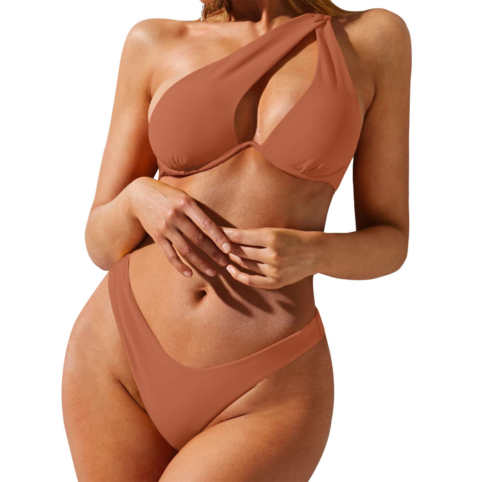 ZAFULWomen's Sexy Cutout One Shoulder Bikini Underwire Padded Two Piece Bathing Suit Cheeky Thong Brazilian Swimsuit