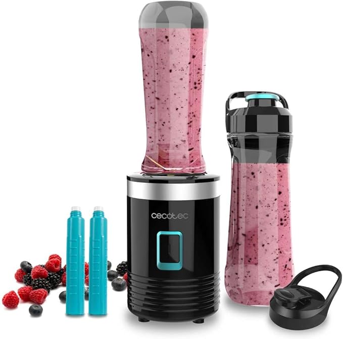 Cecotec Batidora Vaso Portátil Individual Power Titanium 350 EasyGo. 350W, Pica Hielo, Cuchillas 4 Hojas Recubrimiento de Titanio Negro, Incluye 2 Tubos Refrigeradores, 2 Vasos Portátiles y 2 Tapas