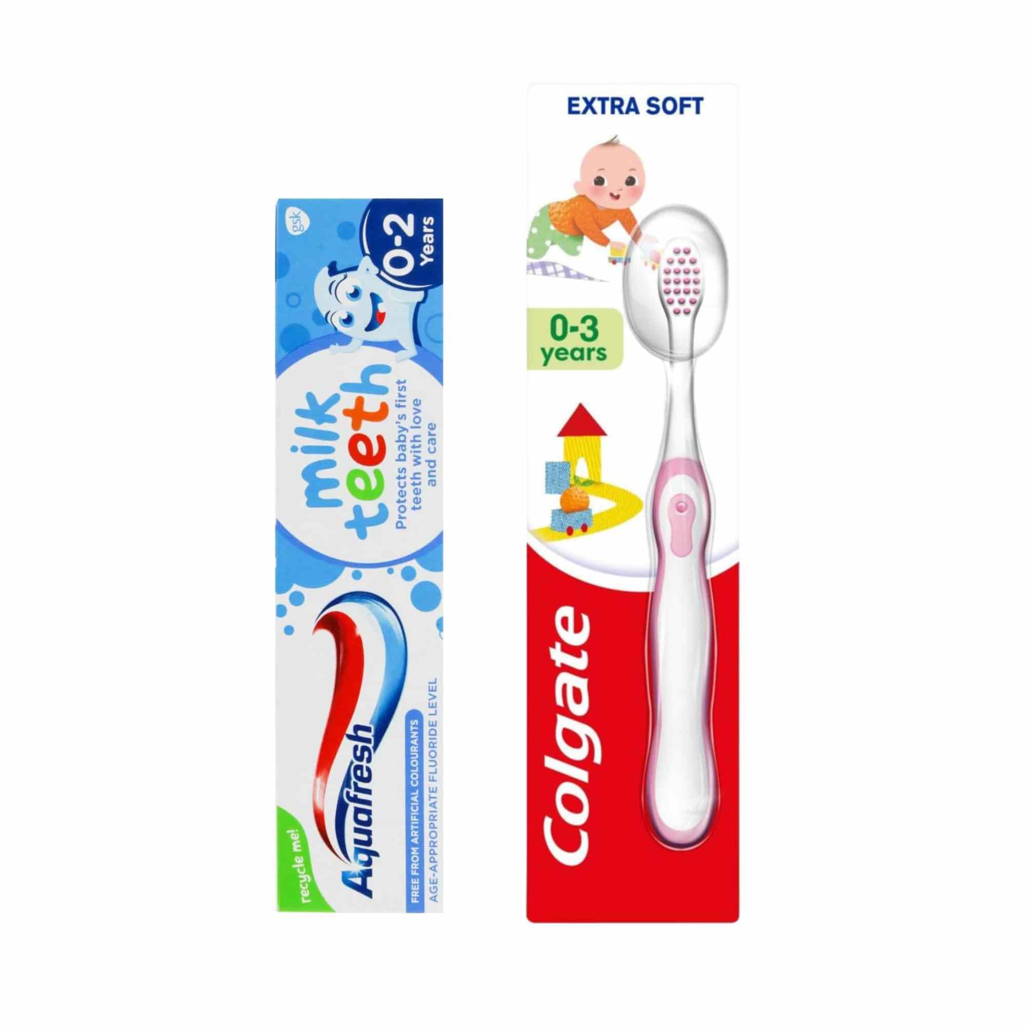 AquafreshMilk Teeth 0-2 Years Toothpaste Bundle with Extra Soft Toothbrush 0-3 Years