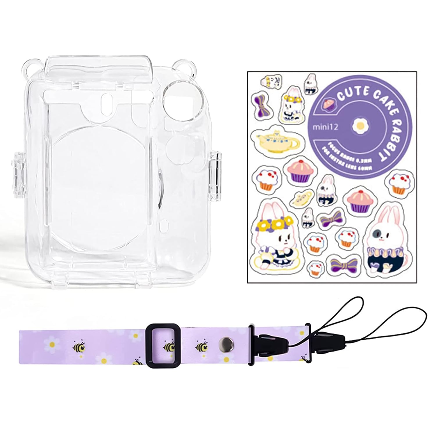 zenko pvc transparent camera case compatible with fujifilm instant mini 12, mini 12 camera case, cute pattern shoulder strap and pattern stickers (lilac purple)