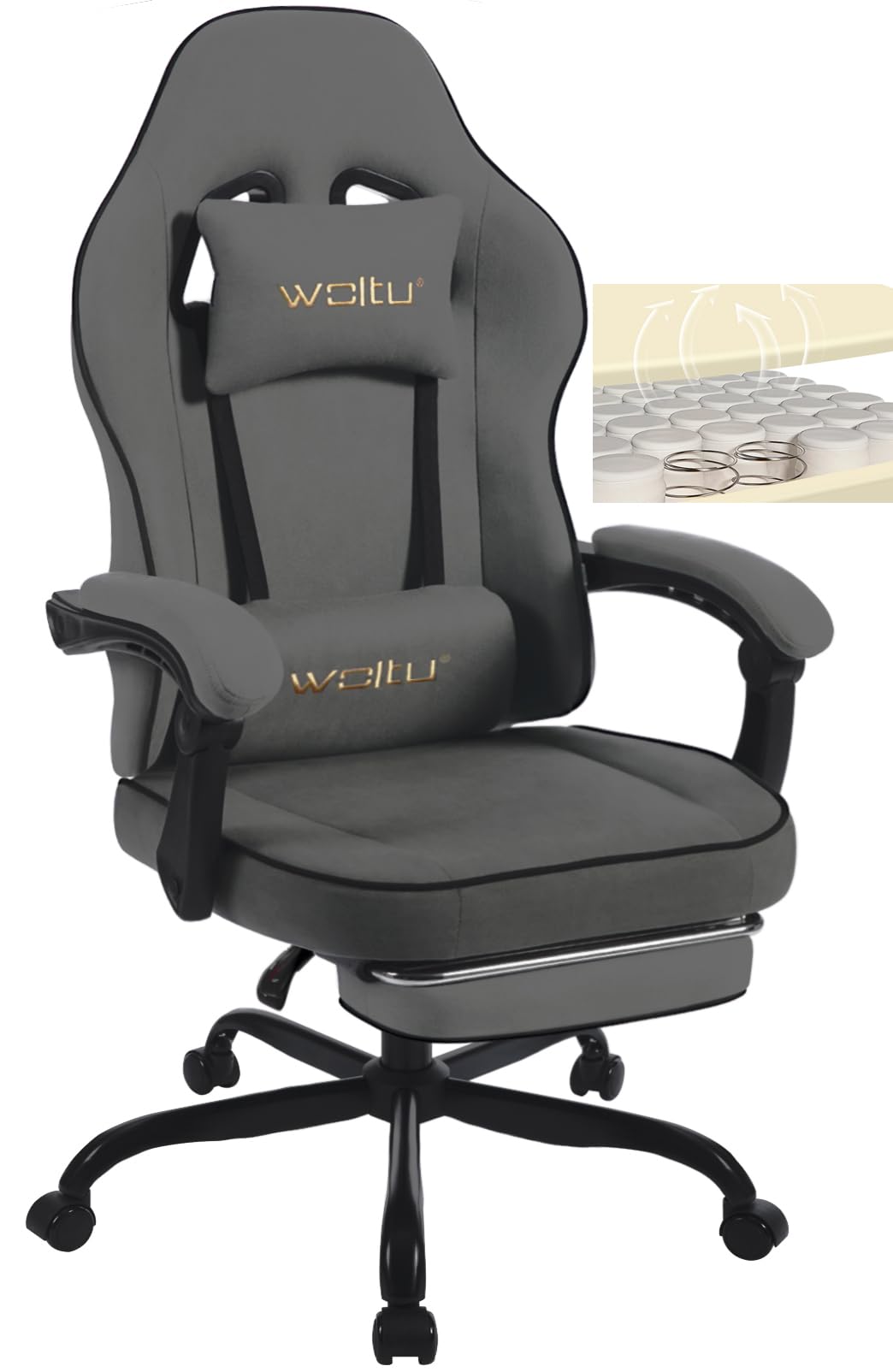 WOLTU Silla Gaming Ergonómica, Silla de Oficina con Reposabrazos y Soporte Lumbar, Silla Racing Giratoria con Asiento Amplio y Lleno de Muelle, Estructura Metal, Tela Sintética, Gris, GS10gr