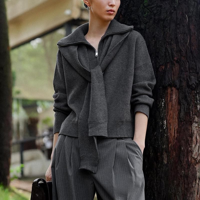 URBAN REVIVO Women Pullover Sweater Long Sleeve with Detachable Cape & Shawl Collar Zip