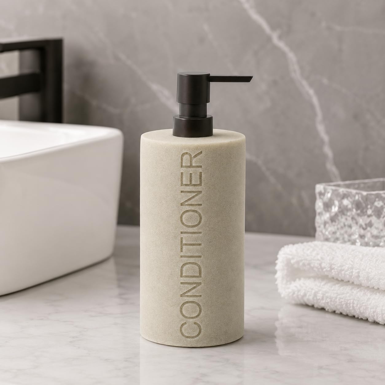 Resin Tan Sandstone Conditioner Engraved Bottle Refillable Pump Dispenser, Durable Waterproof Resin Construction for Bath, Shower - Tan Sandstone ORB Pump