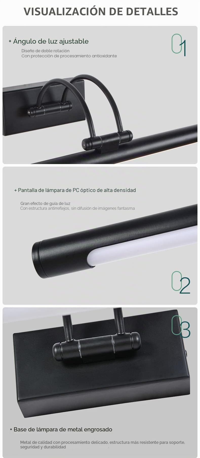 Aplique LED de pared para iluminar cuadros, espejos, murales, 8W estilo tradicional y elegante,tono de luz cálida 3000K, Níquel mate, totalmente articulado y giratorio. 50cm